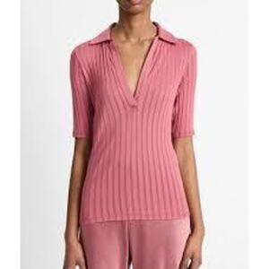 Vince Elbow Sleeve Polo in Pink Peony Wood M NEW Minimalist Basics QuietLuxury